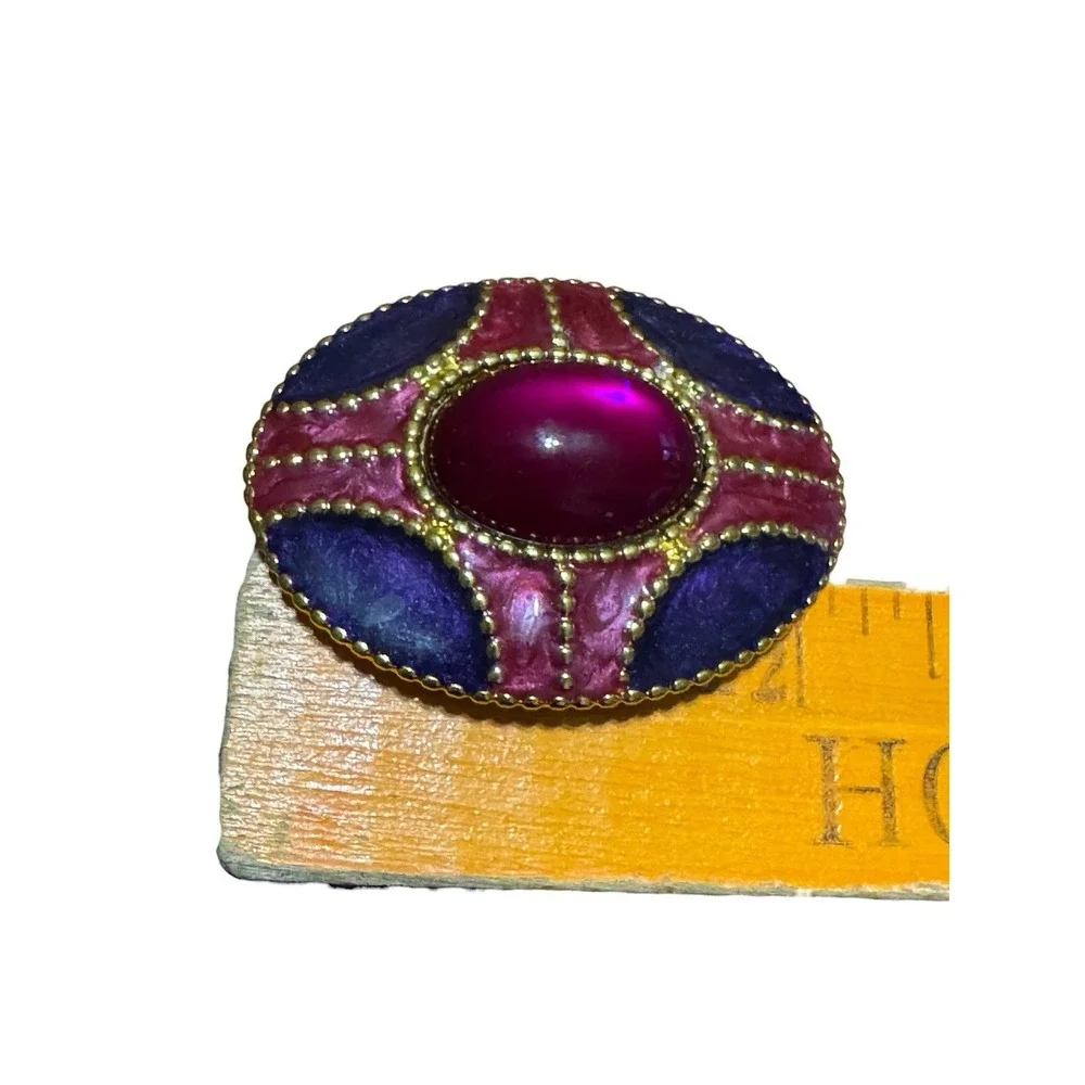 Vintage Enamel Oval Brooch Red‎ Purple Cabochon Gold Tone Statement Pin Retro